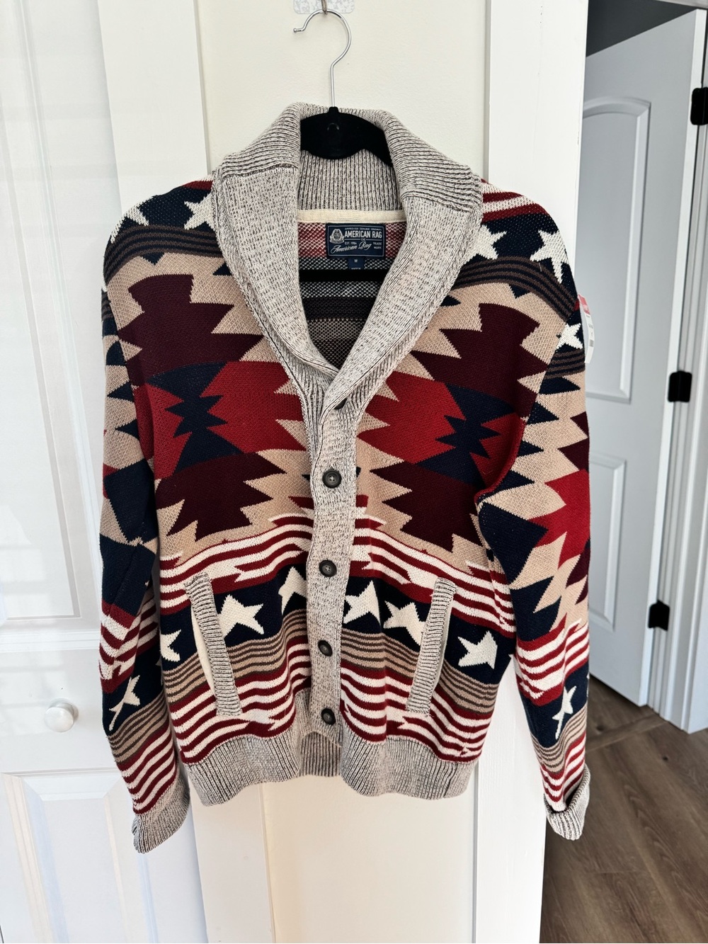American Rag Men’s Aztec Star Shawl Collar Cardigan - Red/Navy/Tan/Cream